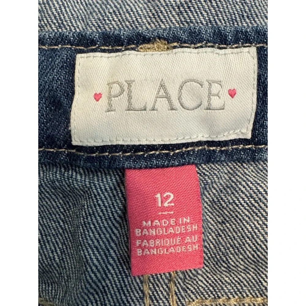 Children's Place Blue Denim Overall Distressed Shorts Girls Size 12 Shortalls